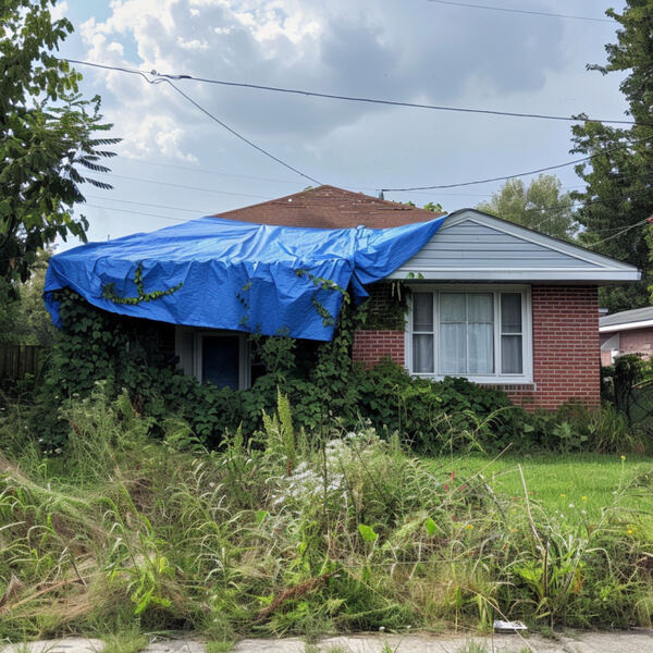 house with tarp on roof | distressed house with overgrowth lawn