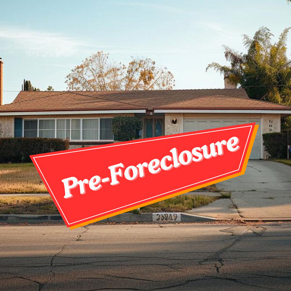 ranch style single family house that is in good condition with a banner out in front that reads "Pre-Foreclosure"