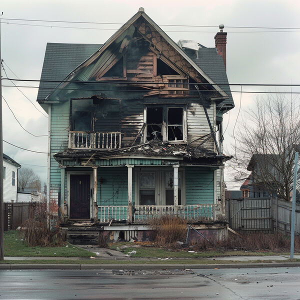 a two story house in a crowded neighborhood with severe fire damage on the second floor