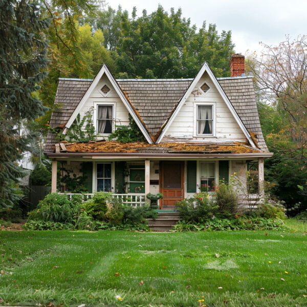 Old house with leaves on the roof | an empty lot with a vacant property